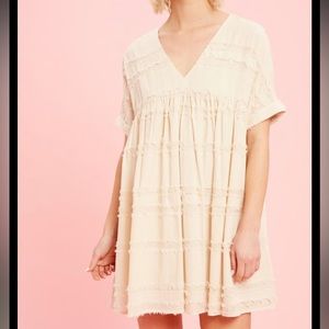 Listicle beige vneck textured fringe sun summer dress babydoll dress
